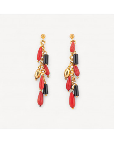 Orecchini A Perno Di Argento 925 Placcato Oro Con Corallo Bamboo Rosso E Onice 12x60mm-SILBER 925 DESIGN ITALIEN | Worldofjewel.com