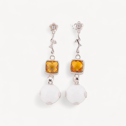 925 Silver Branch Stud Earrings with Cubic Zirconia and Agate 17x65mm