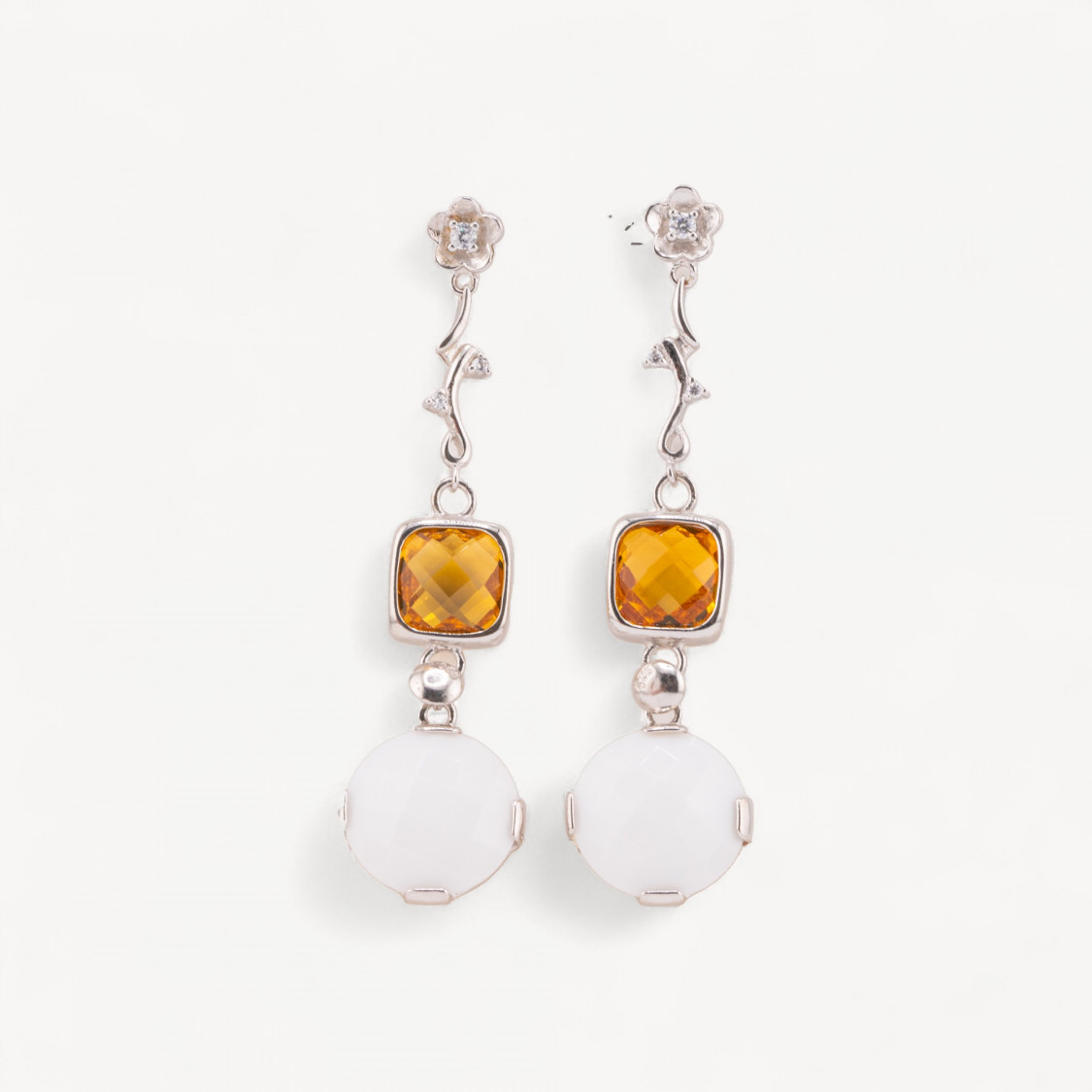 925 Silver Branch Stud Earrings with Cubic Zirconia and Agate 17x65mm-SILVER 925 DESIGN ITALY | Worldofjewel.com