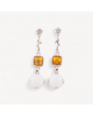 Orecchini A Perno Di Argento 925 Ramo Con Cubic Zirconia E Agata 17x65mm-PLATA 925 DISEÑO ITALIA | Worldofjewel.com
