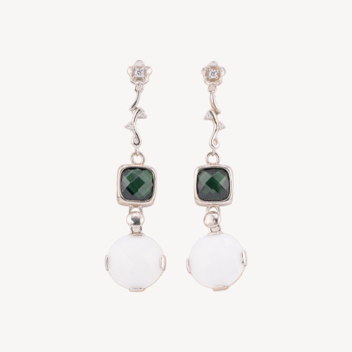Pendientes de rama de plata 925 con circonitas cúbicas y ágata verde de 17 x 65 mm