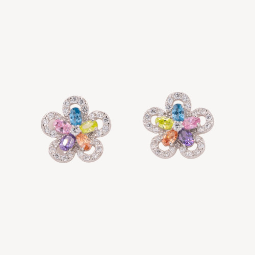 Boucles d'oreilles en argent 925 en forme de fleur avec zircons arc-en-ciel