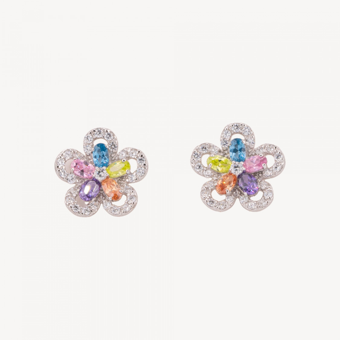 Orecchini Di Argento 925 Fiore Con Zirconi Arcobaleno-PLATA 925 DISEÑO ITALIA | Worldofjewel.com