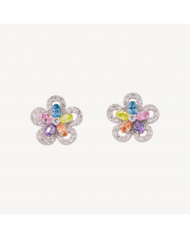 Orecchini Di Argento 925 Fiore Con Zirconi Arcobaleno-PLATA 925 DISEÑO ITALIA | Worldofjewel.com