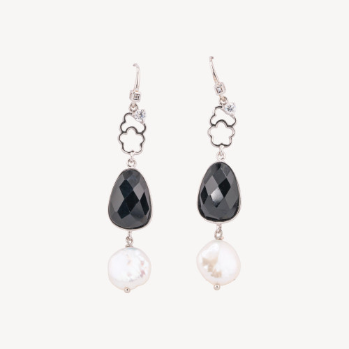 925 Silver Leverback Earrings with Onyx and River Pearls 13x68mm
