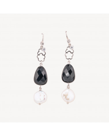 Orecchini Di Argento 925 A Monachella Con Onice E Perle Di Fiume 13x68mm-PLATA 925 DISEÑO ITALIA | Worldofjewel.com