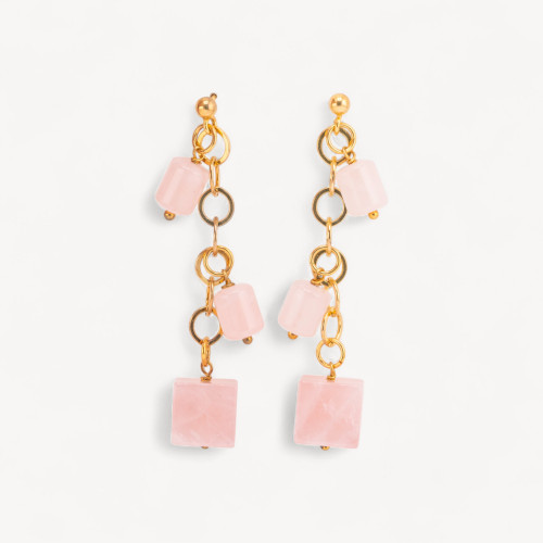 Boucles d'oreilles puces en argent 925 avec chaîne plaquée or et formes en quartz rose