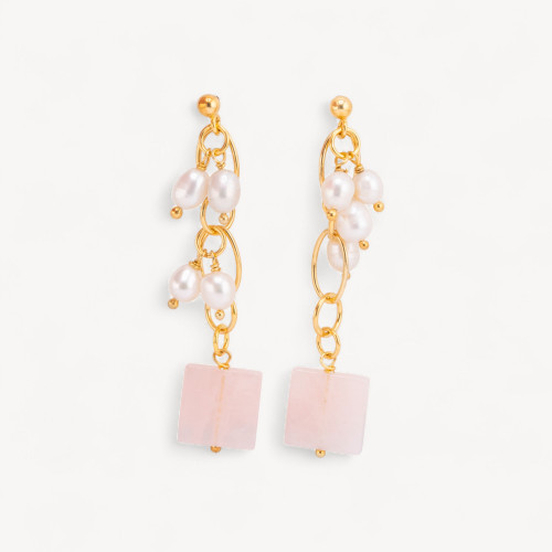 Pendientes de plata de ley 925 con cadena bañada en oro y cuarzo rosa cuadrado de 14 x 65 mm.