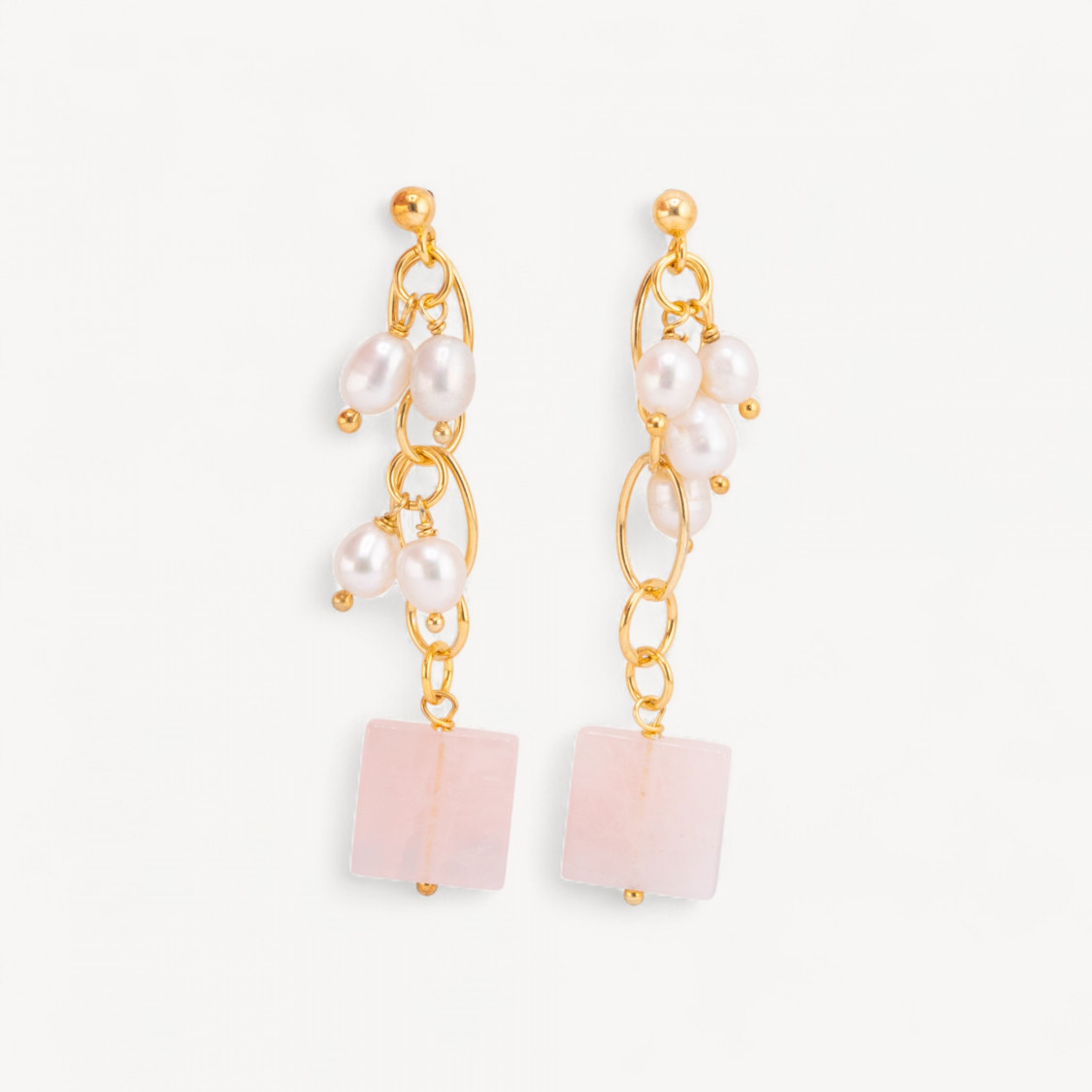 925 Sterling Silver Stud Earrings with Gold Plated Chain and Square Rose Quartz 14x65mm-SILVER 925 DESIGN ITALY | Worldofjewel.com