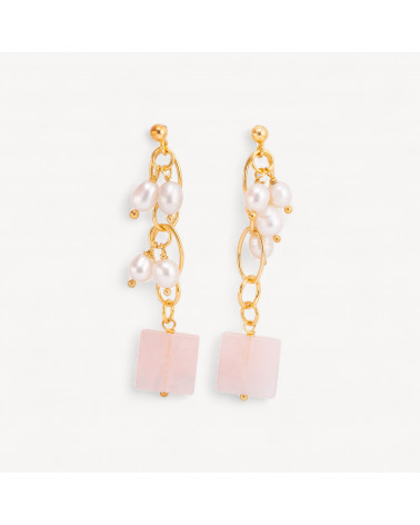 Orecchini Di Argento 925 A Perno Con Catena Placcato Oro Con Quarzo Rosa Quadrato 14x65mm-SILVER 925 DESIGN ITALY | Worldofjewel.com