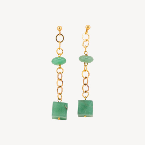 925 Silver Gold Plated Stud Earrings with Circle Chain and Aventurine Cube and Washers 12x75mm