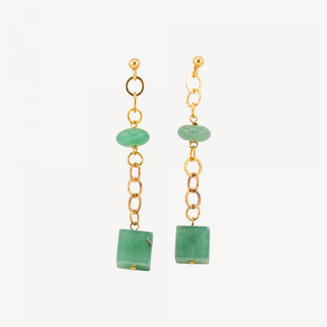Orecchini Di Argento 925 A Perno Placcato Oro Con Catena A Cerchio E Avventurina Cubo E Rondelle 12x75mm-PLATA 925 DISEÑO ITALIA | Worldofjewel.com