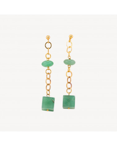 Orecchini Di Argento 925 A Perno Placcato Oro Con Catena A Cerchio E Avventurina Cubo E Rondelle 12x75mm-PLATA 925 DISEÑO ITALIA | Worldofjewel.com