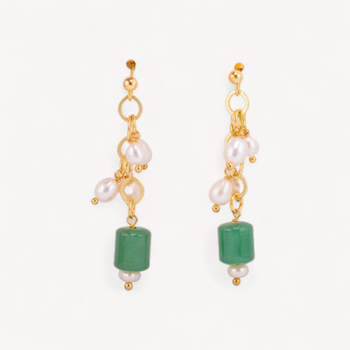 925 Silver Gold Plated Stud Earrings with Chain, Rice River Pearls and Aventurine Cylinder