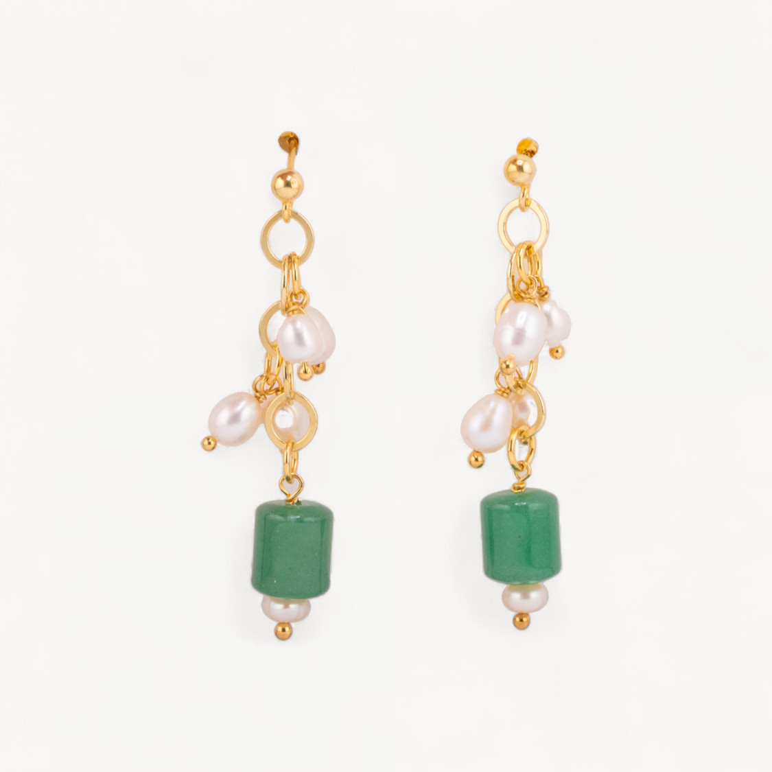 925 Silver Gold Plated Stud Earrings with Chain, Rice River Pearls and Aventurine Cylinder-SILVER 925 DESIGN ITALY | Worldofjewel.com