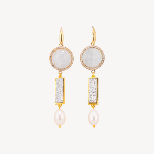Pendientes de Plata 925 con Circonitas y Cabujones de Bronce, Perlas de Río y Cristal Blanco