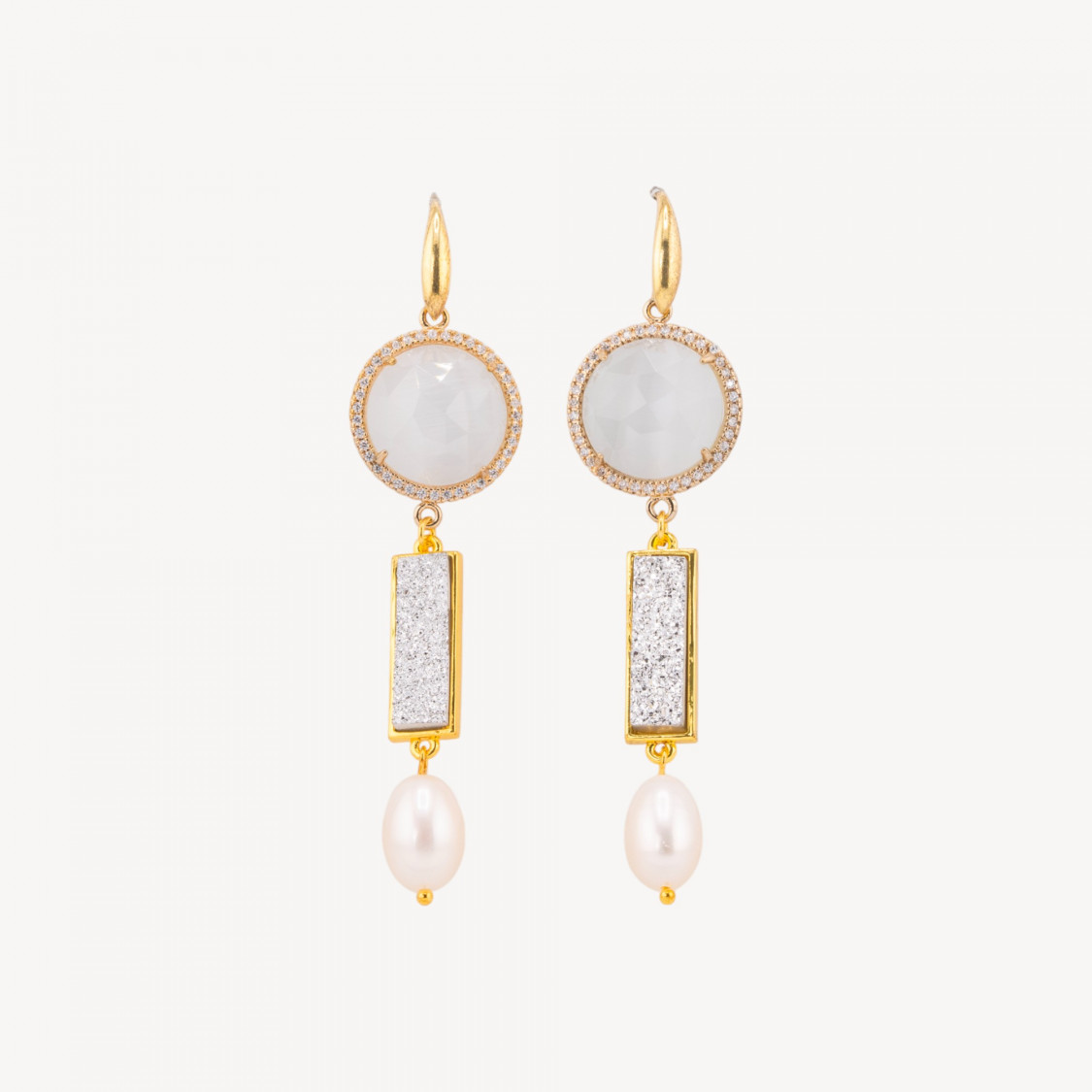 925 Silver Earrings with Zircons and Bronze Cabochons, River Pearls, White Crystal-SILVER 925 DESIGN ITALY | Worldofjewel.com