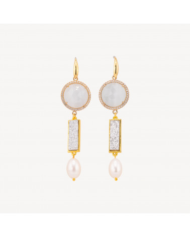 Orecchini Di Argento 925 Con Zirconi E Cabochon In Bronzo Perle Di Fiume Cristallo Bianco-ΑΣΗΜΙ 925 ΣΧΕΔΙΟ ΙΤΑΛΙΑ | Worldofjewel.com