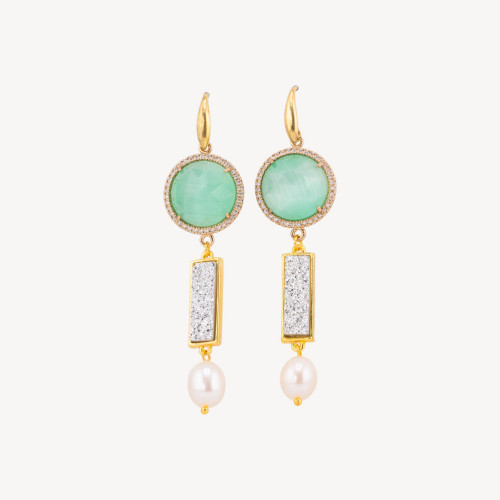 925 Silver Earrings with Zircons and Bronze Cabochons, River Pearls, Green Crystal