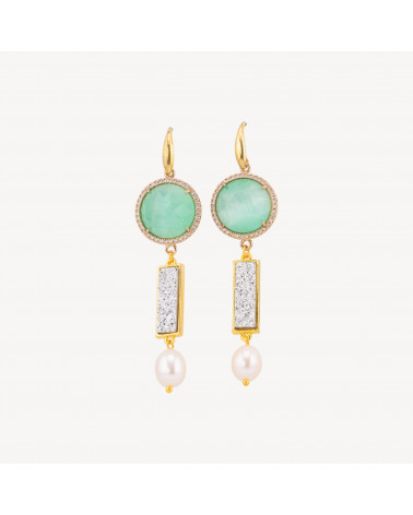 Orecchini Di Argento 925 Con Zirconi E Cabochon In Bronzo Perle Di Fiume Cristallo Verde-SILVER 925 DESIGN ITALY | Worldofjewel.com