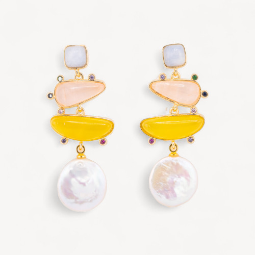 Boucles d'oreilles en bronze avec pierres semi-précieuses et pendentif en perle baroque MOD1