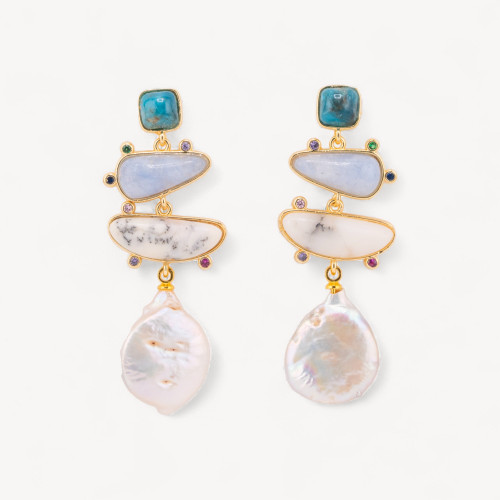 Bronze Earrings with Semiprecious Stones and Baroque Pearl Pendant MOD3