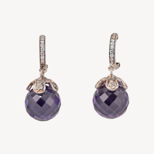925 Silver Closed Leverback Earrings with Zirconia and Purple Zirconia Faceted Sphere 12x30mm