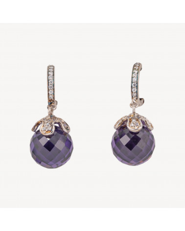 Orecchini A Monachella Chiusa Di Argento 925 Con Zirconi E Zirconi Viola Sfera Sfaccettata 12x30mm-ARGENTO 925 DESIGN ITALY | Worldofjewel.com