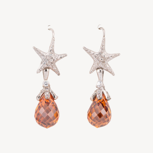 925 Sterling Silver Starfish and Briolette Drop Earrings with Faceted Champagne Zirconia 16x40mm