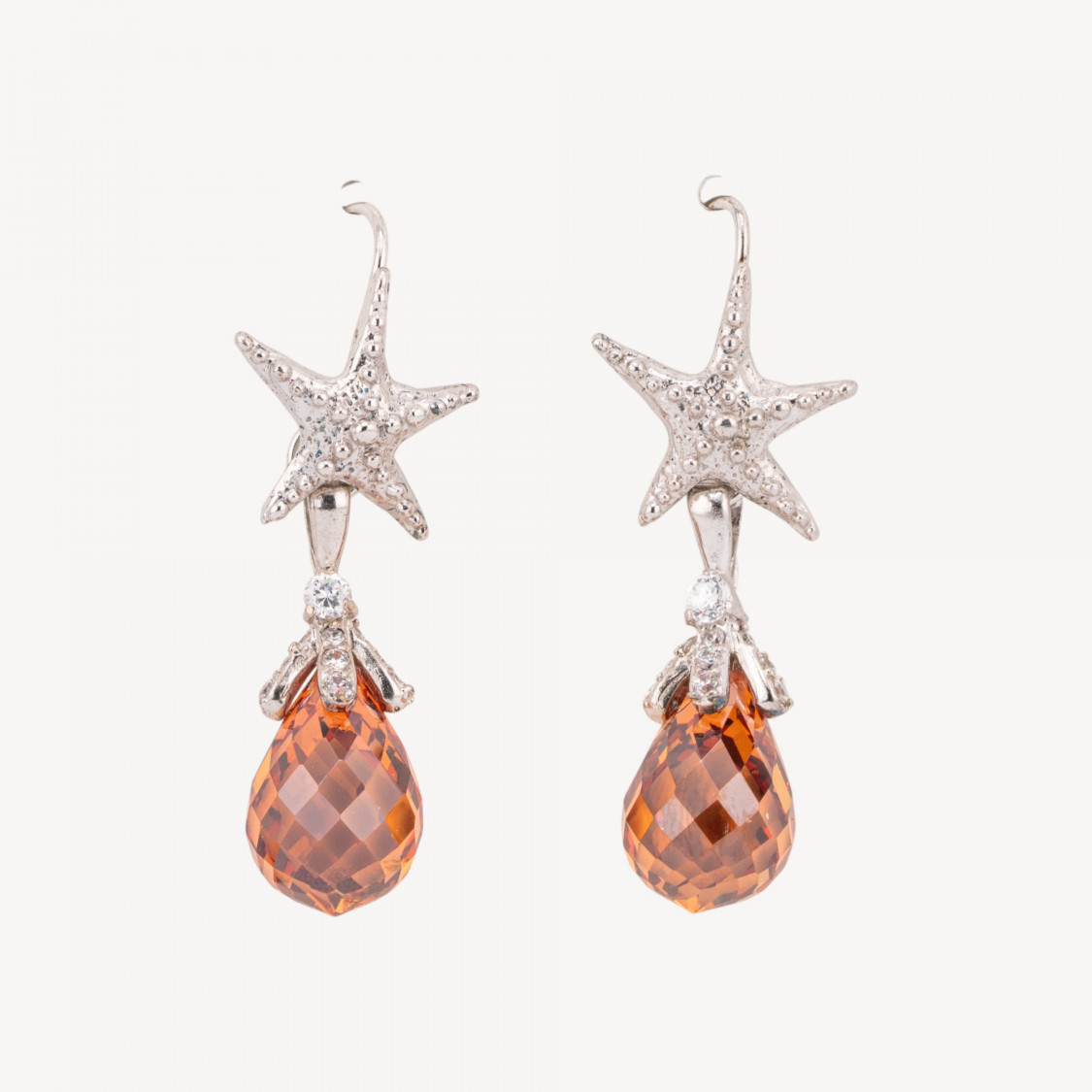 925 Sterling Silver Starfish and Briolette Drop Earrings with Faceted Champagne Zirconia 16x40mm-SILVER 925 DESIGN ITALY | Worldofjewel.com