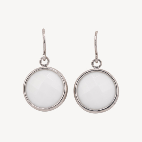 Pendientes de plata 925 con cierre de palanca y ágata blanca, planos, redondos y facetados, engastados en 18 x 32 mm, bañados en