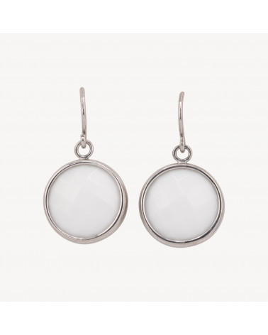Orecchini A Monachella Di Argento 925 Con Agata Bianca Tondo Piatto Sfaccettato Incastonato 18x32mm Rodiato-ARGENTO 925 DESIGN ITALY | Worldofjewel.com