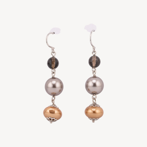 925 Silver Leverback Earrings with Mallorca Pearls and Smoky Quartz 12x60mm