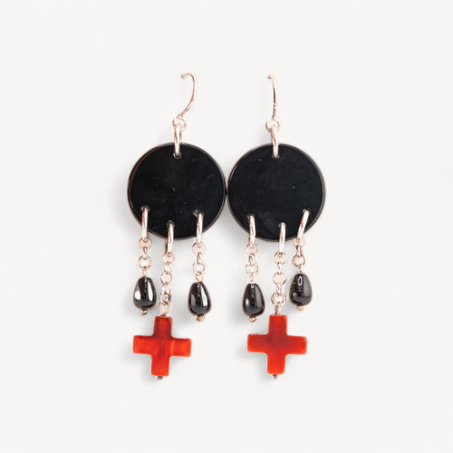 925 Silver Leverback Earrings with Black Agate Plates and Red Carnelian Cross 25x70mm