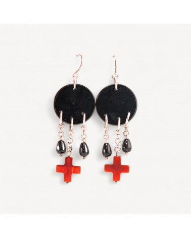 Orecchini A Monachella Di Argento 925 Con Piastre Di Agata Nera E Croce Di Corniola Rossa 25x70mm-ARGENTO 925 DESIGN ITALY | Worldofjewel.com