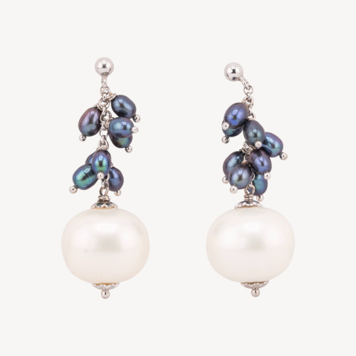 Boucles d'oreilles puces en argent 925 ornées de grappes de perles de rivière et de perles de Majorque