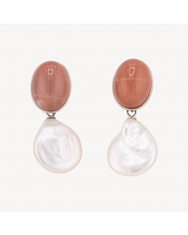 Orecchini Di Argento 925 Made in ITALY Cabochon Rosso Corallo con Perle di Fiume Piatte-ARGENTO 925 DESIGN ITALY | Worldofjewel.com