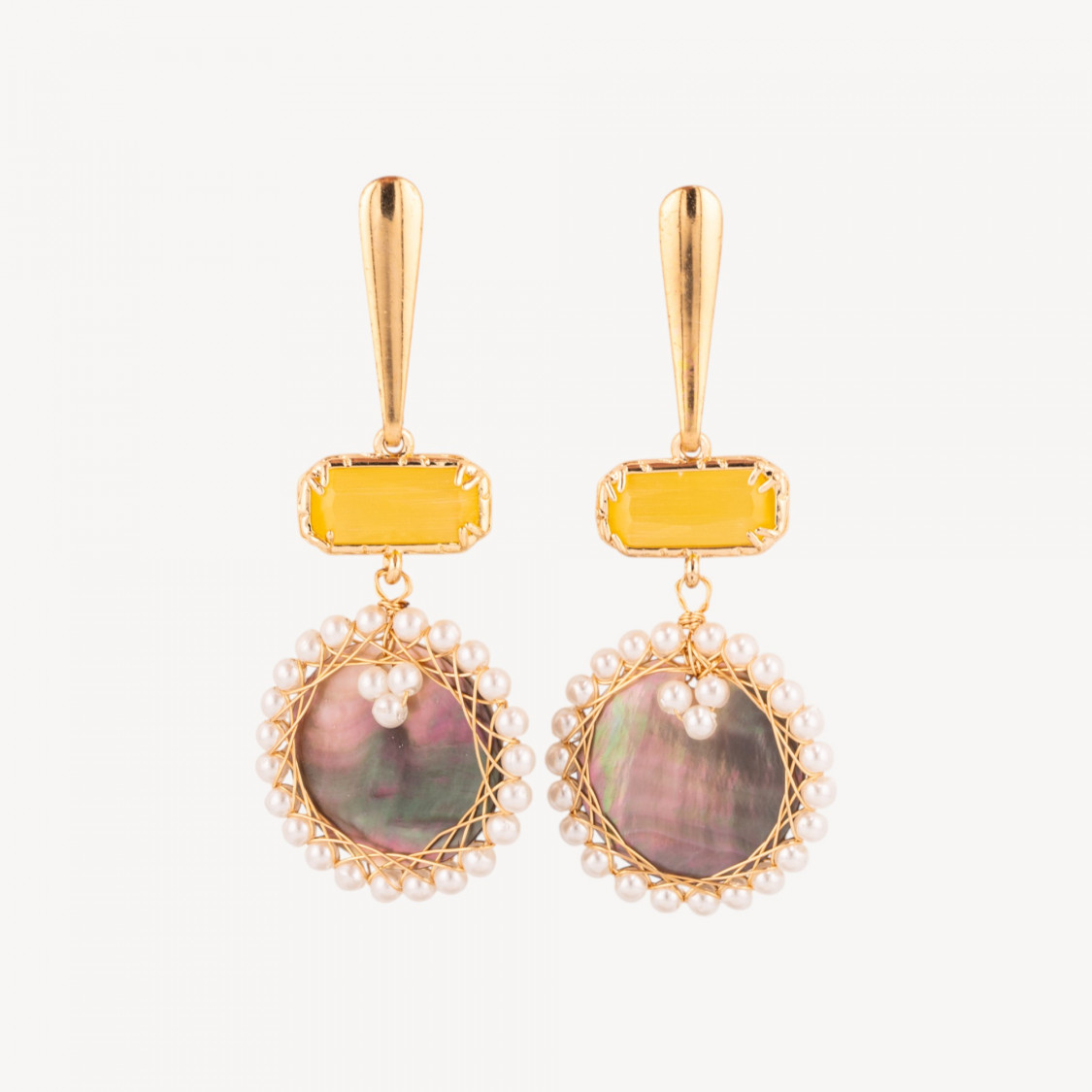 925 Silver Stud Earrings with Yellow Cat's Eye and Mother of Pearl 26x65mm-925 SILVER HANDMADE EARRINGS | Worldofjewel.com