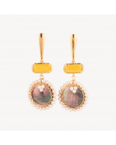Orecchini A Perno Di Argento 925 Con Occhi Di Gatto Giallo E Madreperla 26x65mm-ORECCHINI 925 SILVER HANDMADE | Worldofjewel.com