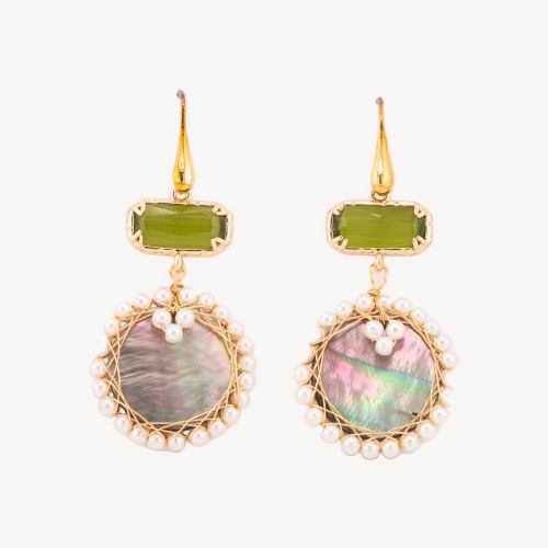 Pendientes de plata 925 con ojo de gato verde y nácar (26 x 65 mm)