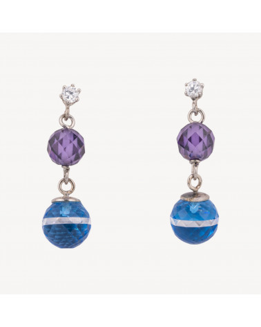 Orecchini A Perno Di Argento 925 Con Punto Luce e Zirconi Sfera Viola E Azzurro 10x33mm-ARGENTO 925 DESIGN ITALY | Worldofjewel.com