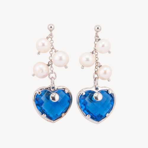 Boucles d'oreilles puces en argent 925 avec zirconias en forme de cœur et perles de rivière 21 x 52 mm