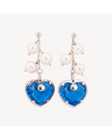 Orecchini A Perno Di Argento 925 Con Zirconi A Cuore E Perle Di Fiume 21x52mm-ARGENTO 925 DESIGN ITALY | Worldofjewel.com