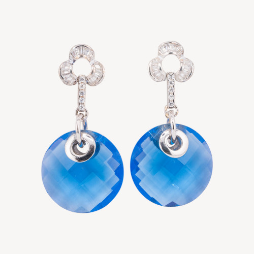 Pendientes de plata 925 con circonitas y colgante redondo azul índigo de 20 x 40 mm