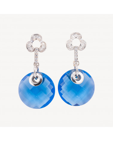 Orecchini A Perno Di Argento 925 Con Zirconi E Pendente Tondo Blu Indaco 20x40mm-ARGENTO 925 DESIGN ITALY | Worldofjewel.com