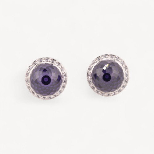 925 Sterling Silver Stud Earrings with 13mm Amethyst CZ Stone and Cubic Zirconia