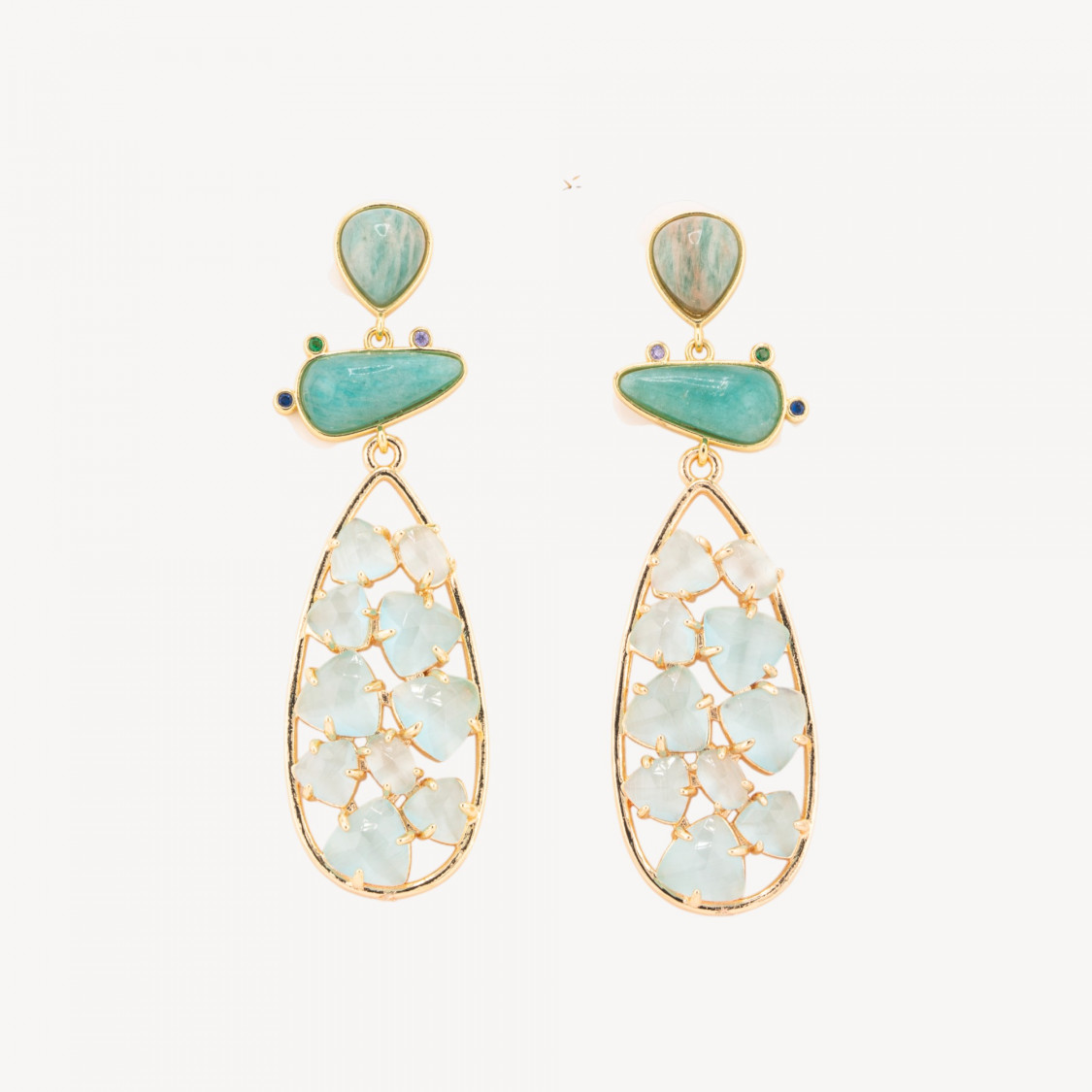 Bronze Earrings with 21x65.5mm Green Aventurine and Aquamarine Cat's Eye Stones-EARRINGS MADE WITH STYLE | Worldofjewel.com