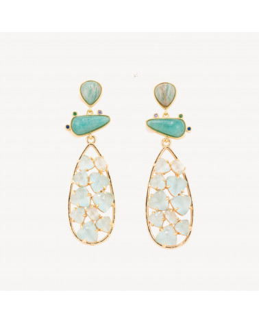 Orecchini In Bronzo Con Pietre Dure 21x65,5mm Avventurina Verde e Occhio di Gatto Verde Acqua-ORECCHINI MADE WITH STYLE | Worldofjewel.com