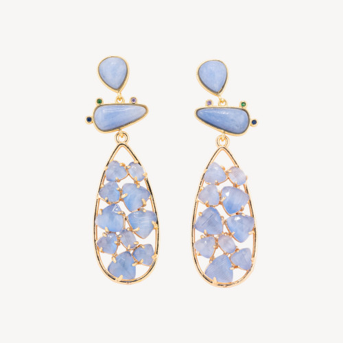 Pendientes de bronce con calcedonia de 21x65,5 mm y piedras de ojo de gato azul claro