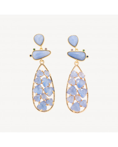 Orecchini In Bronzo Con Pietre Dure 21x65,5mm Calcedonio e Occhio di Gatto Celeste-ORECCHINI MADE WITH STYLE | Worldofjewel.com